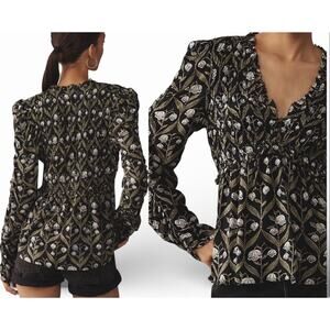Anthropologie Ruched-Sleeve V-Neck Top